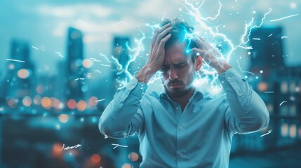 Fototapeta premium Man overwhelmed by stress and pressure. A man holds his head in pain, surrounded by abstract lightning bolts, symbolizing overwhelming stress and mental pressure.