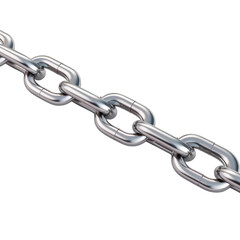 Obraz premium Close-up of a shiny metal chain with interconnected links, symbolizing strength, connection, and industrial use. isolated on white background. 