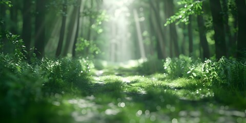 Obraz premium A serene forest glade with sun-dappled paths depicted realistically. Concept Nature, Forest, Sunlight, Serenity, Realism