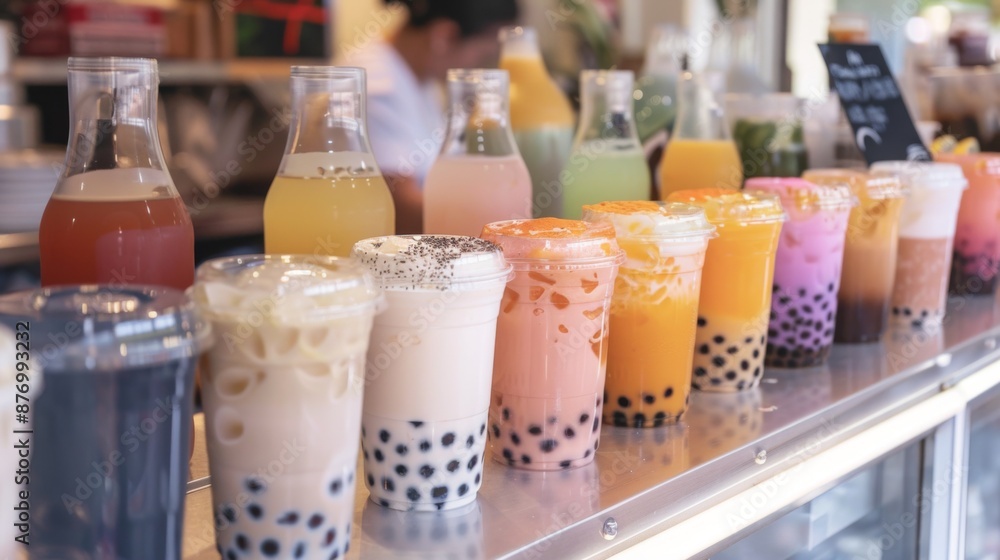 Poster A set of different flavored bubble milk teas lined up on a counter for customers to choose from.
