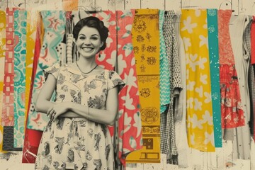 Collage of happy young woman backgrounds portrait smile.