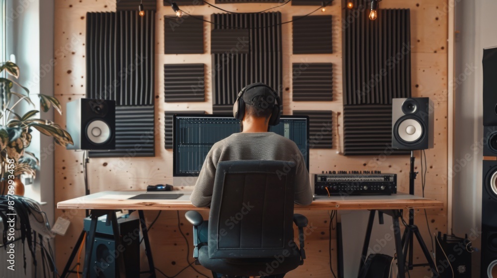 Poster A person sits at a desk in a home studio with sound panels on the wall, using a computer and headphones.