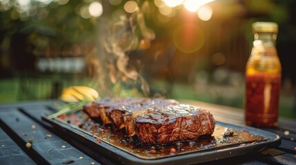 Perfectly grilled steaks on a barbecue, seasoned with fresh herbs and covered in a smoky, delicious sauce, making it an irresistible treat for meat lovers.
