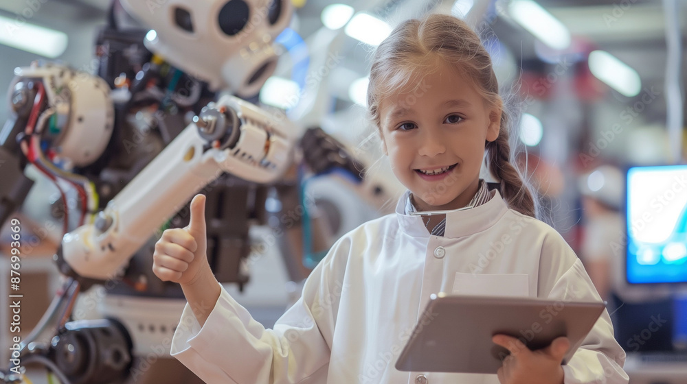 Poster children using tablet and feel fun for learning robotics lab