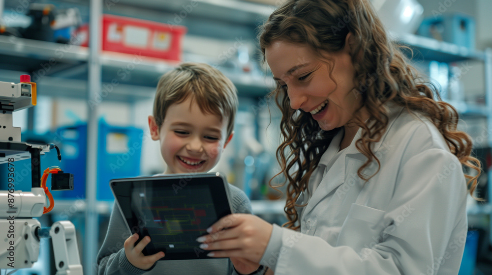 Poster children using tablet and feel fun for learning robotics lab