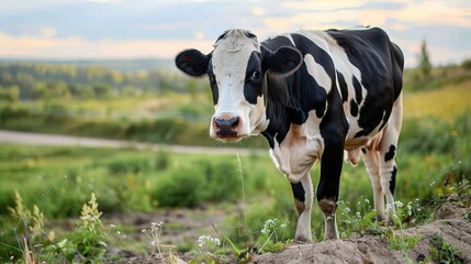 A beautiful black and white cow is captured grazing in a lush, vibrant green meadow, emphasizing the harmony of nature and the pastoral serenity of farm life in the countryside.