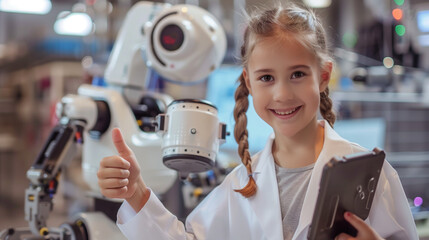 children using tablet and feel fun for learning robotics lab
