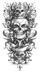 Skulls are on a black background with a banner in the middle. The banner has a skull on it and is surrounded by skulls