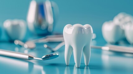 Dental care & hygiene tools. A model tooth with dental tools on a blue background.
