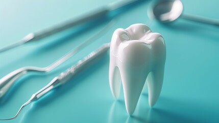 Dental health tools and model tooth. Close-up of dental tools and a model tooth, emphasizing the importance of oral hygiene.