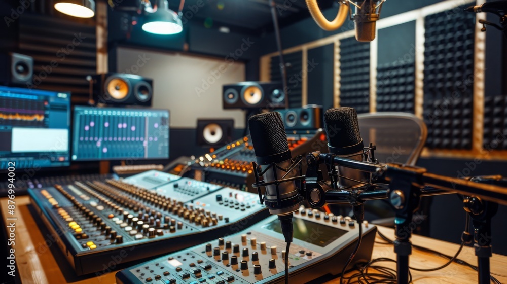 Poster two microphones are set up in front of a soundboard and other recording equipment in a professional 