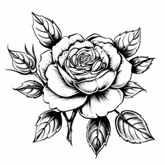 A black and white drawing of a rose with a stem. The rose is the main focus of the drawing, and the stem is shown in the background