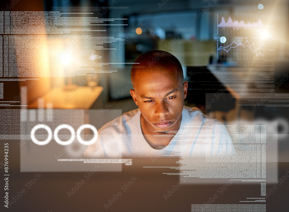 Aufkleber analytics, database and overlay with man programming in office at night for coding or encryption. co
