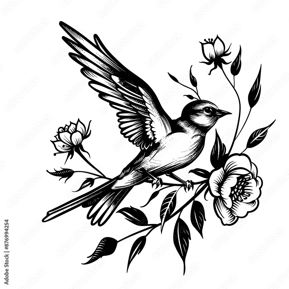 Poster a black and white drawing of a bird with flowers in the background. the bird is perched on a branch 