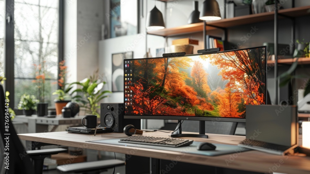 Poster A computer monitor displays a landscape scene with autumn foliage. A keyboard and mouse are set up on the desk.