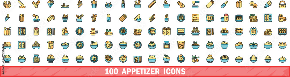 Poster 100 appetizer icons set. color line set of appetizer vector icons thin line color flat on white