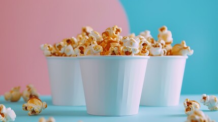 Caramel popcorn in vintage white metal cups isolated on pink and blue background