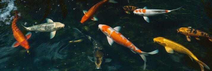 Japanese zen pond with colorful koi fish swimming, showcasing nature's beauty and tranquility.