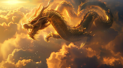 golden Chinese dragon flying in sky