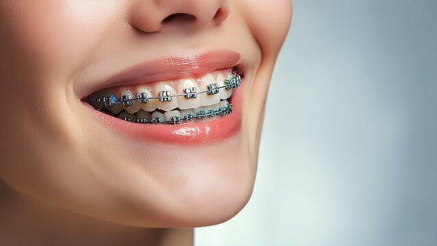 White teeth with braces, female smile, close-up. Concept: dentistry, perfect white and straight teeth. Dental care teeth whitening, copy space.