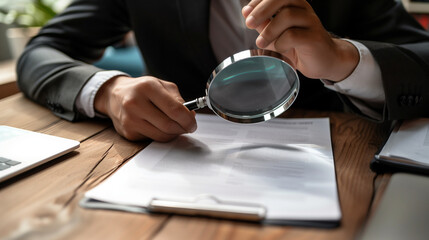 magnifying glass in businessman's hand to find the truth in paper