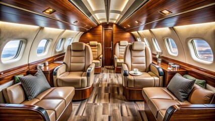 Luxuriate in opulent elegance, surrounded by rich leather, polished wood, and gleaming metallic accents within this lavishly appointed private aircraft interior.