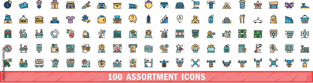 Poster 100 assortment icons set. color line set of assortment vector icons thin line color flat on white