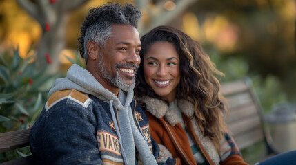 Obraz premium A telephoto angle photo of a couple sitting on a park bench, both wearing vintage varsity jackets, sharing a moment of laughter and conversation, environmental scientists, engineer