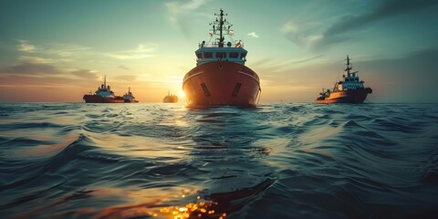 Obraz premium Coast Guard ships surrounding distressed tanker. Concept Maritime Rescue, Emergency Response, Nautical Operations, Distress Situation, Coast Guard Intervention