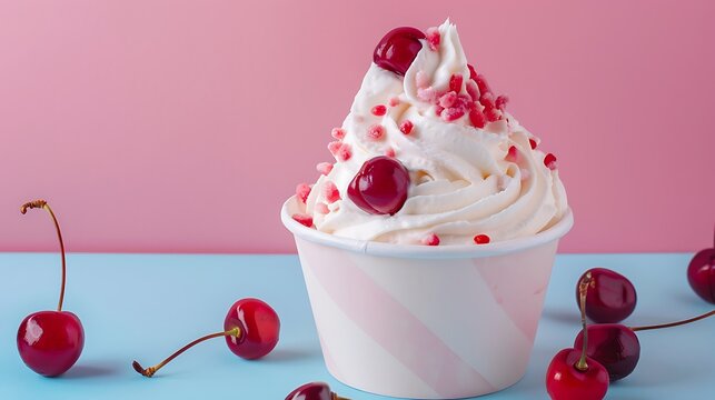 Cherry frozen yogurt sour cream cce cream in a paper cup with cherries isolated on pink and blue background