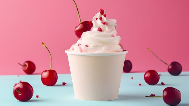 Cherry frozen yogurt sour cream cce cream in a paper cup with cherries isolated on pink and blue background