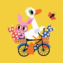 Deux amis, un petit cochon et une oie partent en pique-nique en vélo