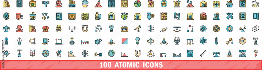 Poster 100 atomic icons set. color line set of atomic vector icons thin line color flat on white