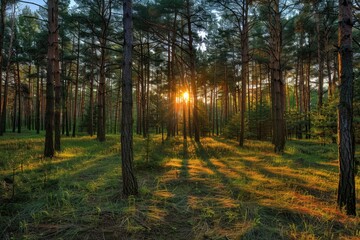 Pine Forest Sunrise. Peaceful Morning Landscape with Pine Trees and Sunlight