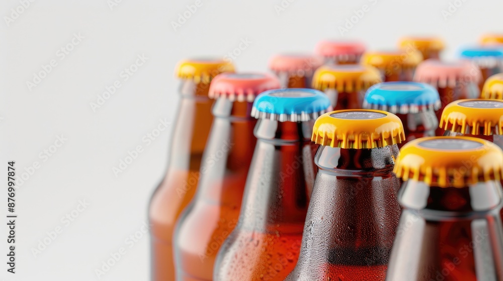 Poster brown beer bottles with colored caps on white background close up view with space for text