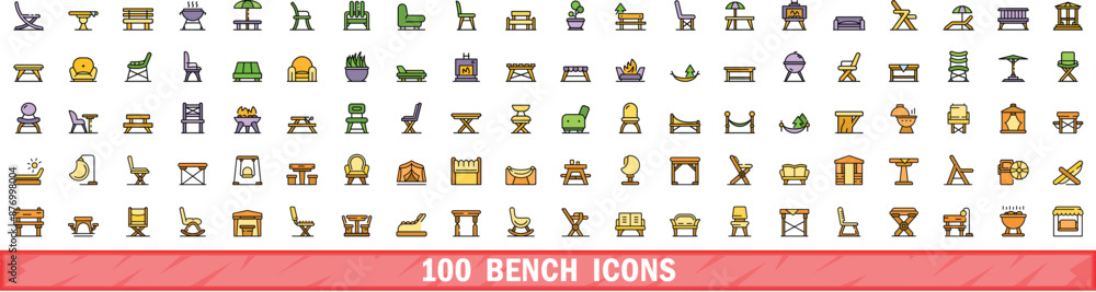 Poster 100 bench icons set. color line set of bench vector icons thin line color flat on white