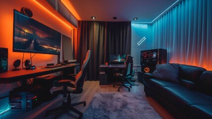A gaming setup with two desks, gaming chairs, a couch, and a large monitor. The room is lit with red and blue lights.