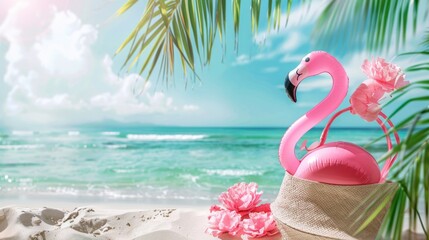 Charming pink inflatable flamingo with tropical flowers resting on a sunhat, creating a playful and serene scene set against a pristine beach background with clear blue waters.