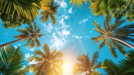A sunny tropical background with palm trees and a blue sky. A view from below