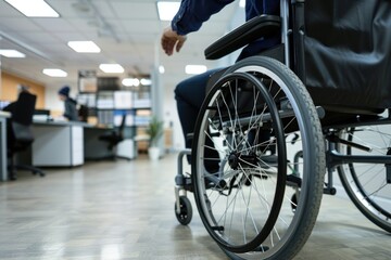 Detail of a disabled person on wheelchair working in the office