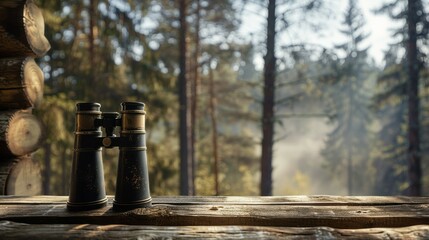 Fototapeta premium Binoculars on wooden deck in forest. Old binoculars on a wooden deck overlooking a misty forest. Perfect for travel, adventure, and nature photography.