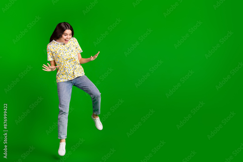 Sticker full body photo of attractive teen woman jump scared look down dressed stylish flowers print clothes