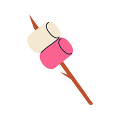 Marshmallow on wooden stick. A marshmallow in crossed, icon isolated on white background. Roasted dessert on bon fire. Cartoon flat design. Vector illustration.