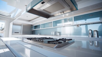 Modern white kitchen interior design with stainless steel appliances. Concept of minimalist home, luxury living, real estate, and home renovation.