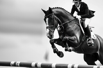 equestrian sports themed photograph horse jumping over an obstacle