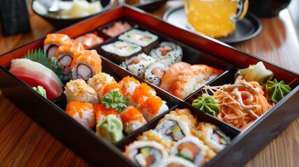 A traditional Japanese bento box filled with sushi, tempura, sashimi, and pickled vegetables, neatly arranged.
