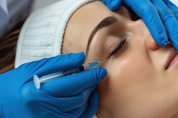 Fototapeta premium Fight against wrinkles, visit beauty doctor, anti-aging concept - Close up of woman gets beauty facial botox
