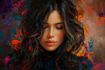 An intriguing abstract painting features a woman with closed eyes surrounded by vibrant, dynamic colors blending seamlessly to create depth and convey emotion, reflecting intricate artistry.