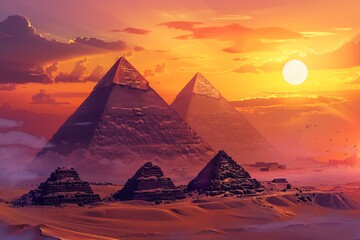 Artistic illustration of Egyptian pyramids, Egypt at dusk