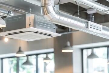 A fan coil unit provides comfortable conditions in the office room. Ventilation system. Microclimate, room temperature. Air conditioning. Industrial ceiling air conditioner. Vent pipes, ducts and grid